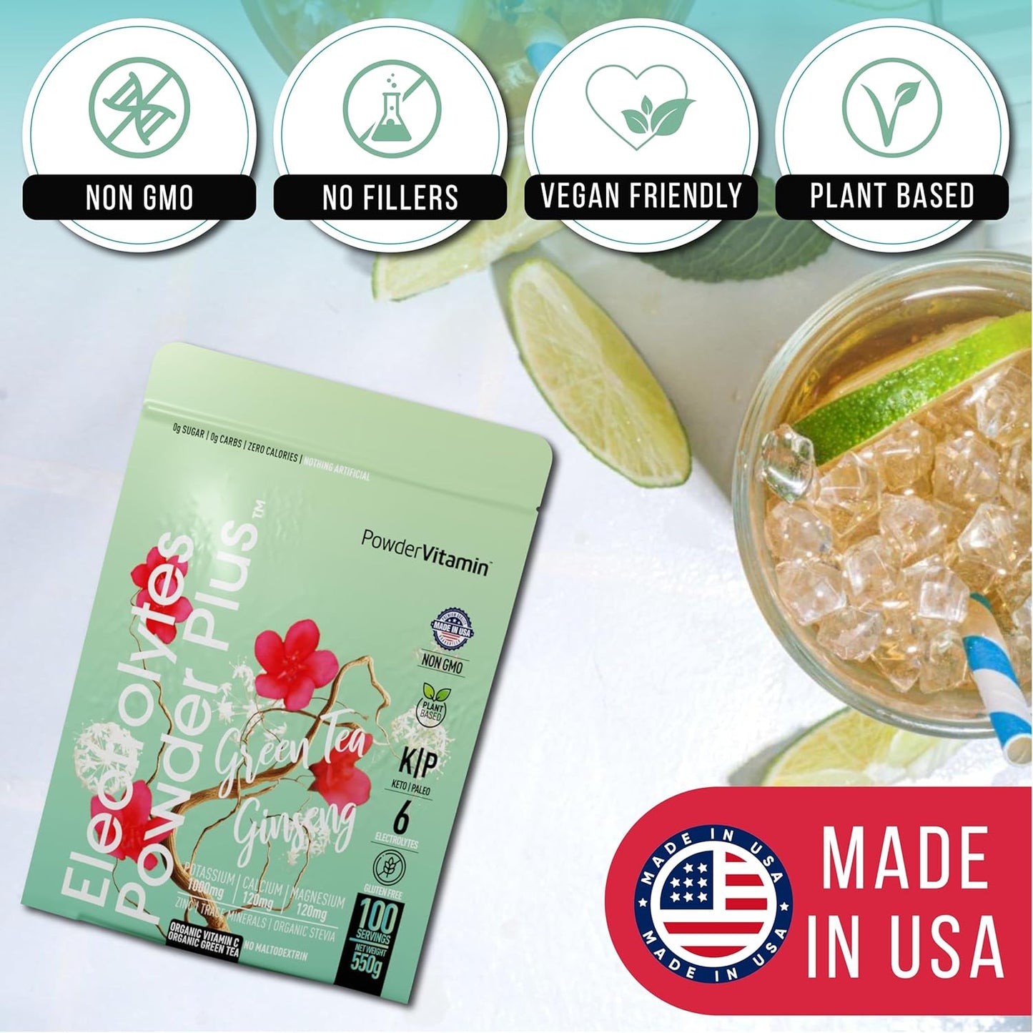 Green Tea Ginseng Electrolyte Powder - Keto Friendly Hydration Powder with Pink Himalayan Salt, 1000mg Potassium, 120mg Calcium, 120mg Magnesium - 100 Servings