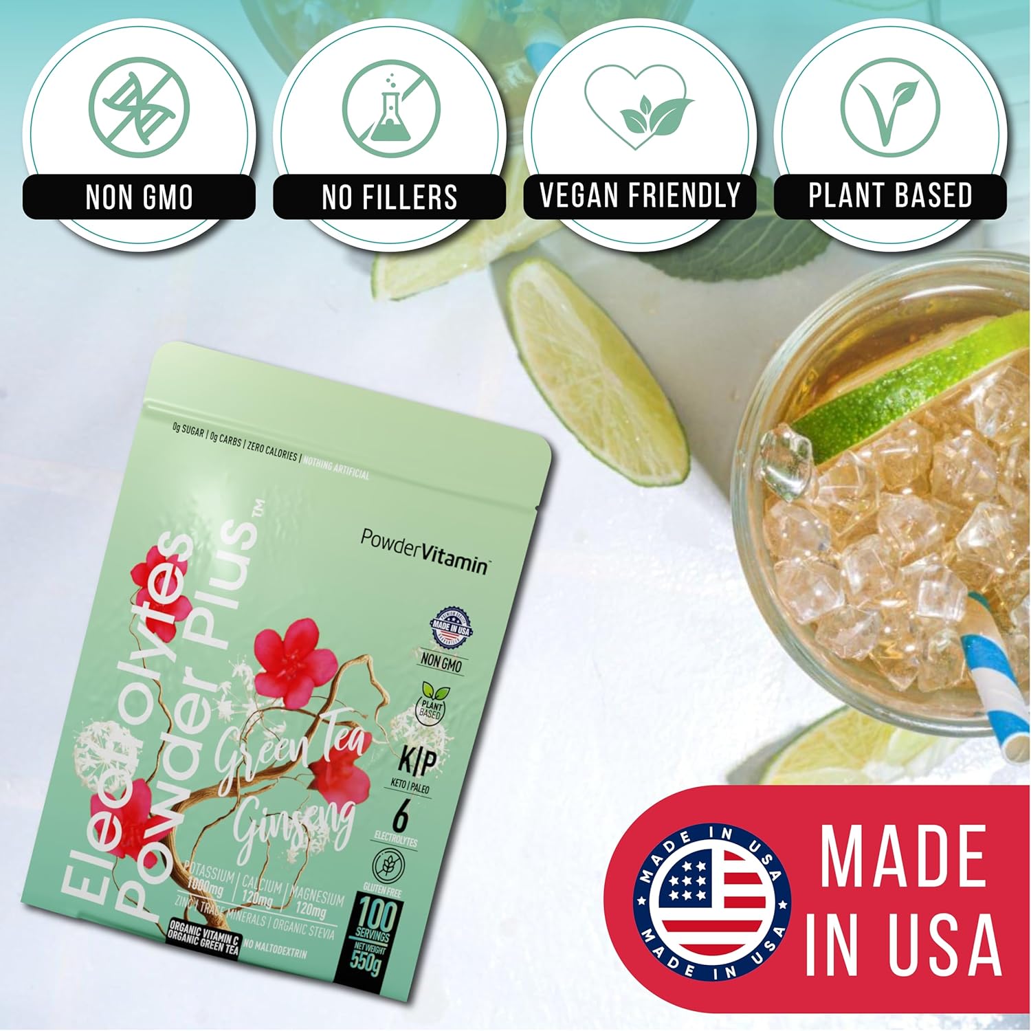 Green Tea Ginseng Electrolyte Powder - Keto Friendly Hydration Powder with Pink Himalayan Salt, 1000mg Potassium, 120mg Calcium, 120mg Magnesium - 100 Servings