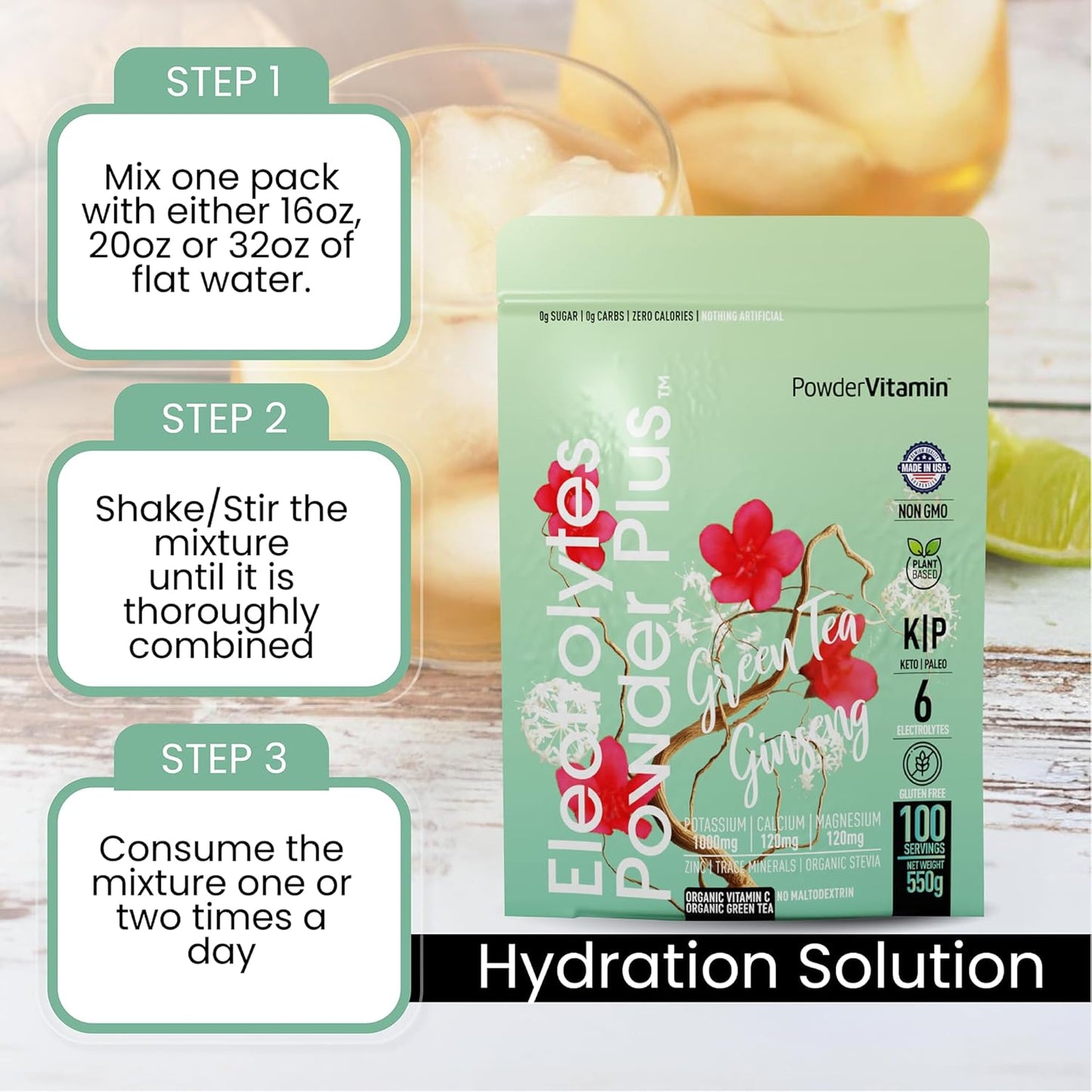 Green Tea Ginseng Electrolyte Powder - Keto Friendly Hydration Powder with Pink Himalayan Salt, 1000mg Potassium, 120mg Calcium, 120mg Magnesium - 100 Servings