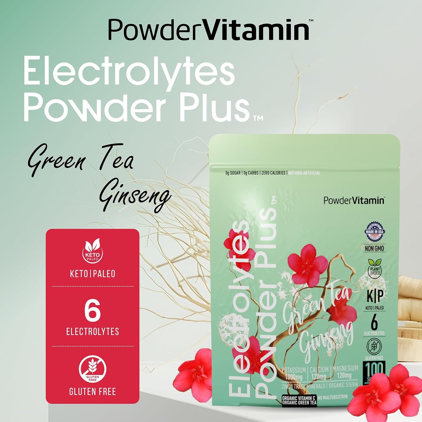 Green Tea Ginseng Electrolyte Powder - Keto Friendly Hydration Powder with Pink Himalayan Salt, 1000mg Potassium, 120mg Calcium, 120mg Magnesium - 100 Servings