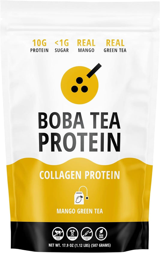 Green Tea Mango Boba Protein Collagen Powder - 30 Servings, Grass-Fed Hydrolyzed Bovine Formula for Hair, Skin, Nail, Bone, Joint Health - No Sugar Added