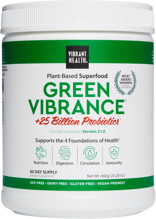 Green Vibrance Superfood Powder with 65 Plant-Based Superfoods, 25 Billion Probiotics, Fiber, Adaptogens & Enzymes - 60 Servings