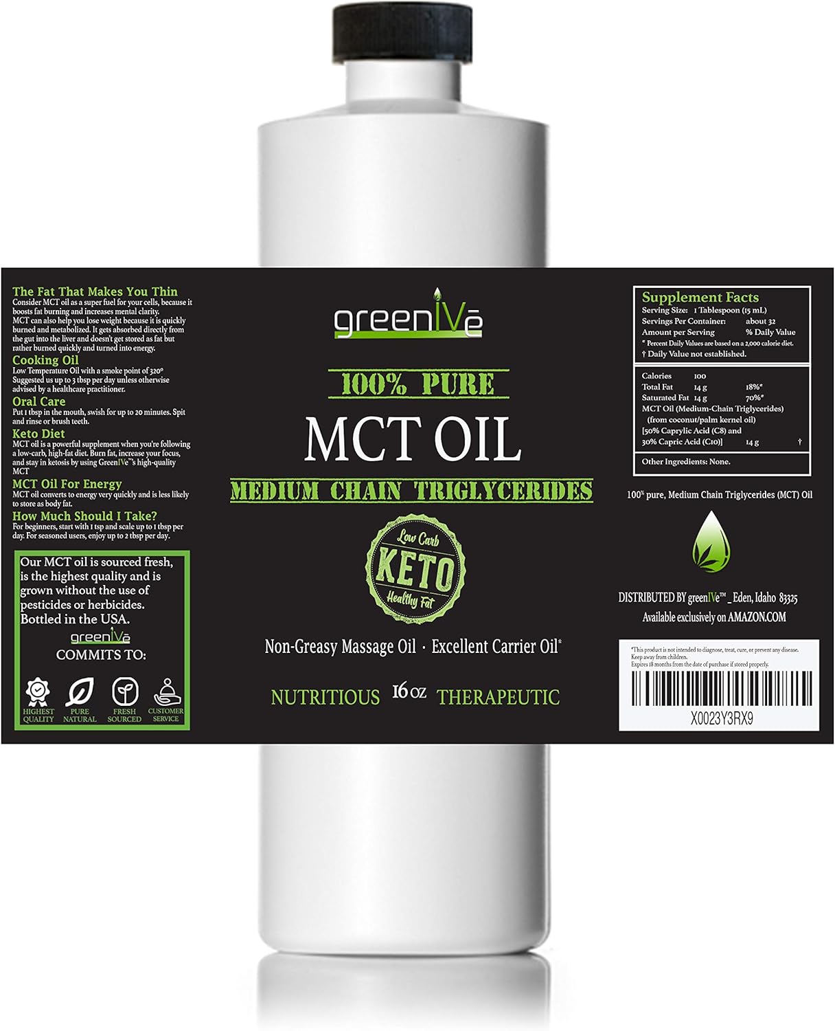 GreenIVe MCT Oil: Pure Non GMO Body & Mind Fuel (16 oz) - 100% MCT Oil