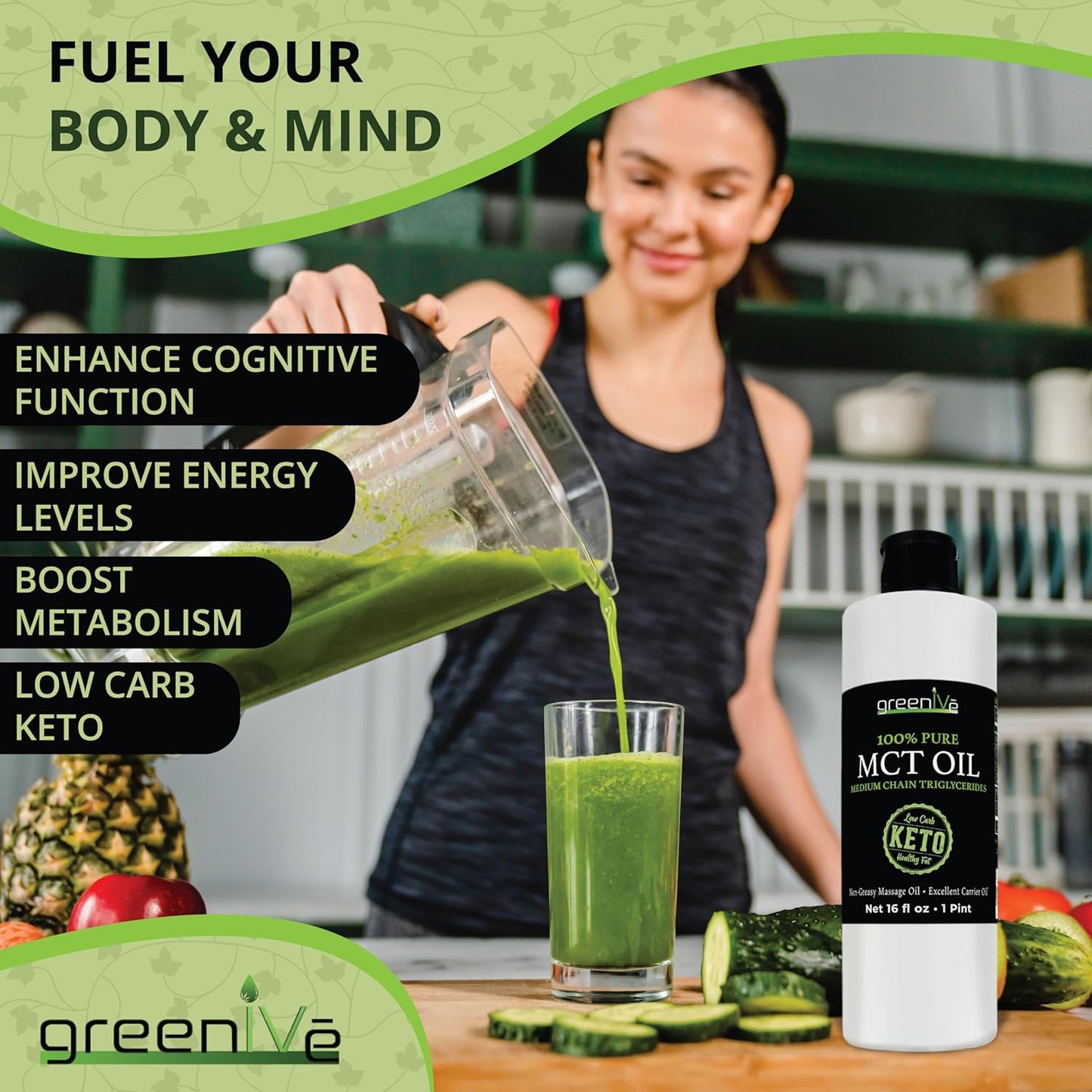 GreenIVe MCT Oil: Pure Non GMO Body & Mind Fuel (16 oz) - 100% MCT Oil