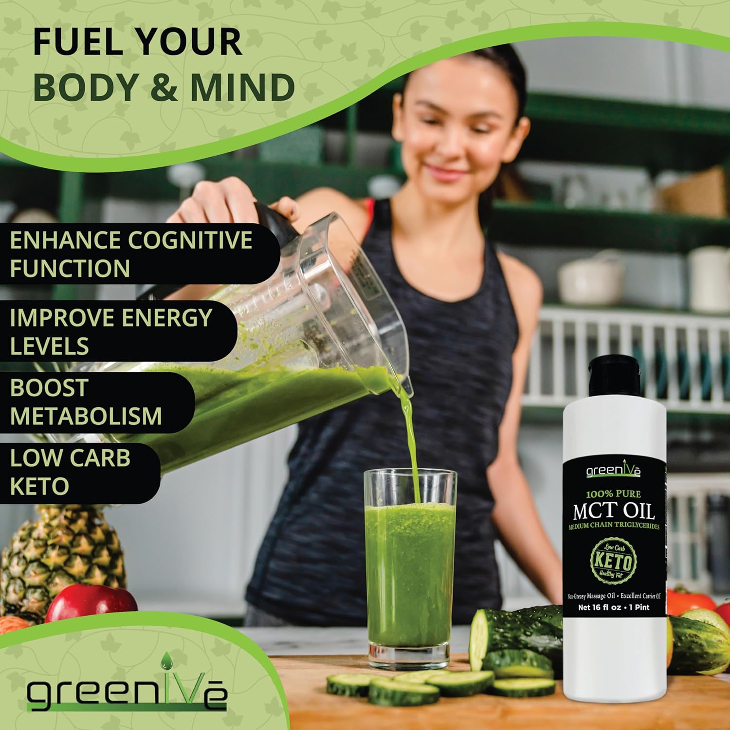 GreenIVe MCT Oil: Pure Non GMO Body & Mind Fuel (16 oz) - 100% MCT Oil