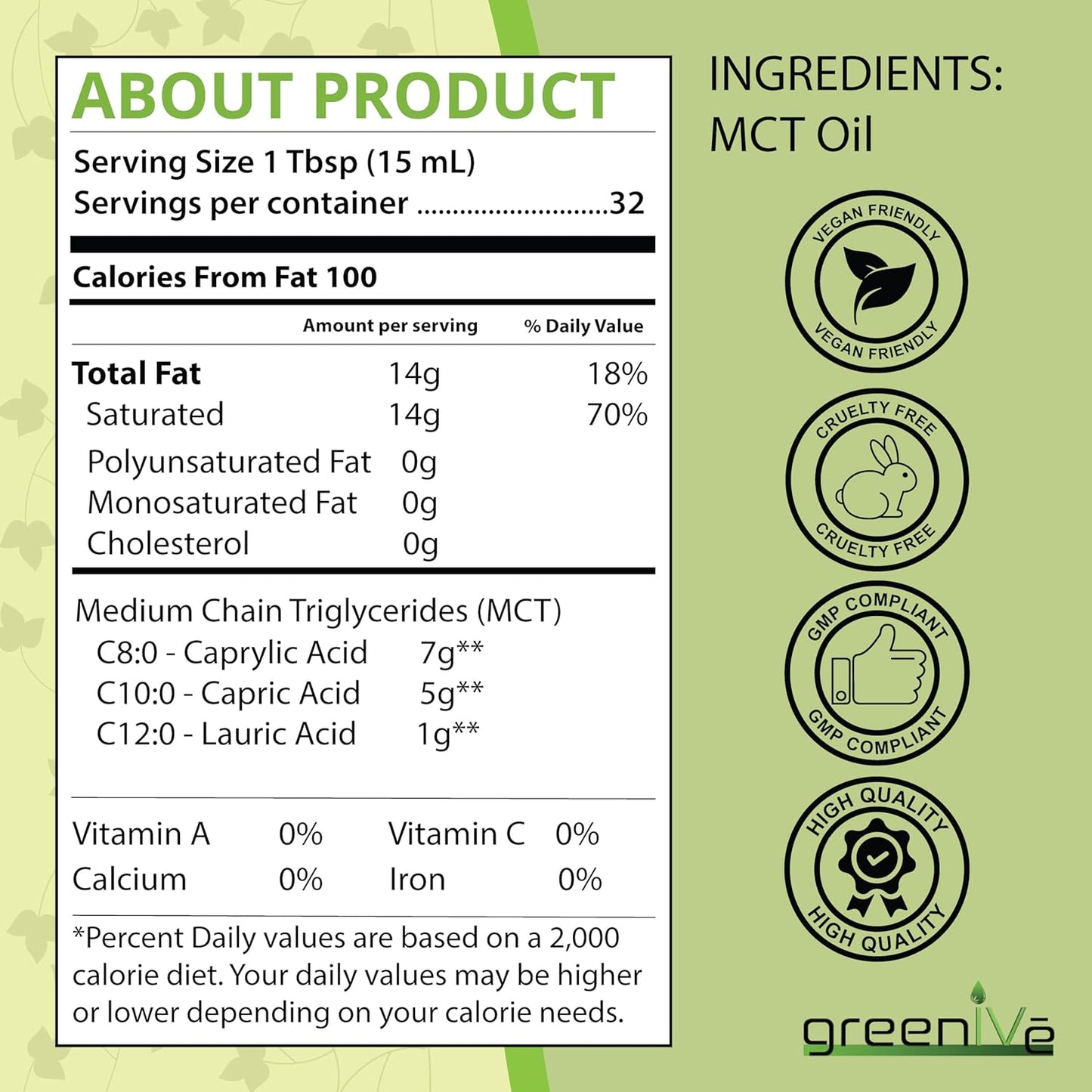 GreenIVe MCT Oil: Pure Non GMO Body & Mind Fuel (16 oz) - 100% MCT Oil