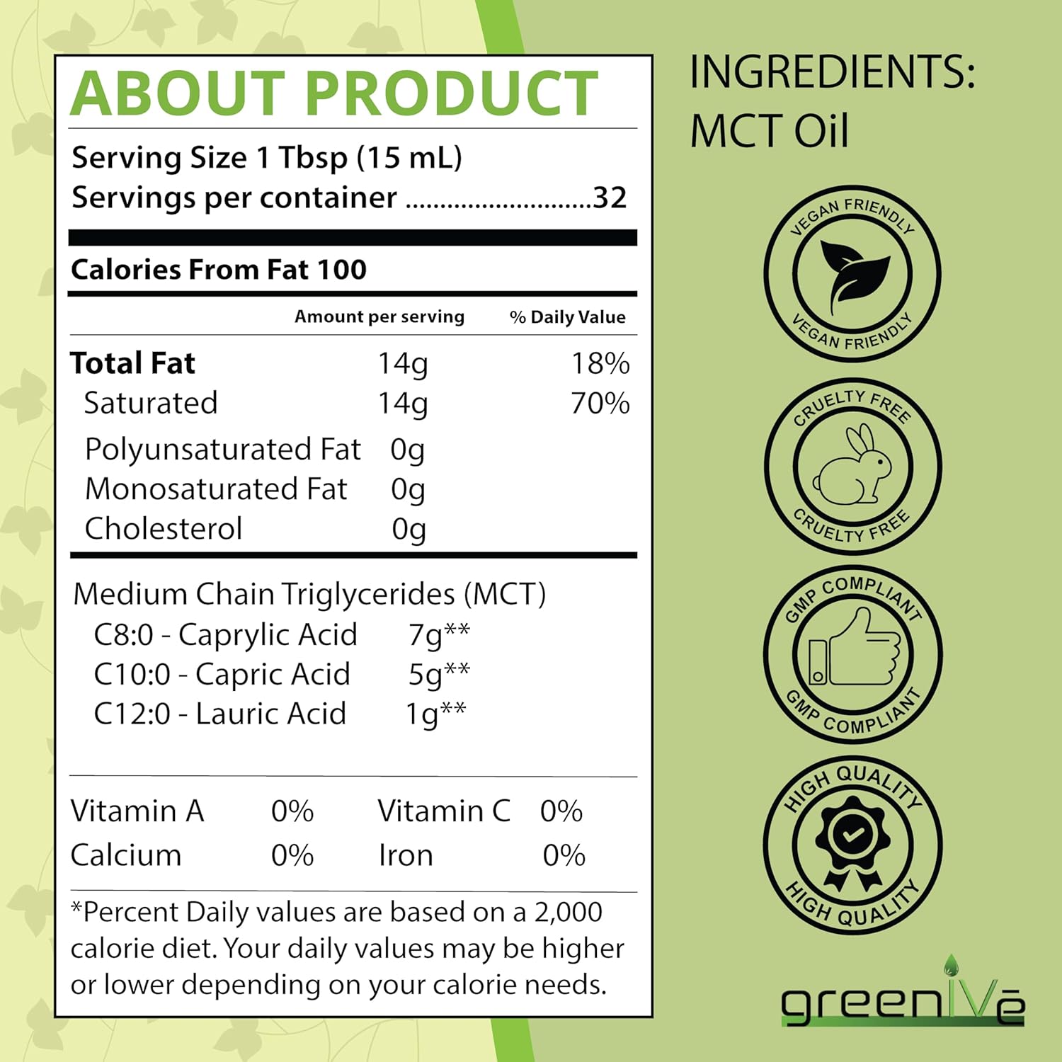 GreenIVe MCT Oil: Pure Non GMO Body & Mind Fuel (16 oz) - 100% MCT Oil