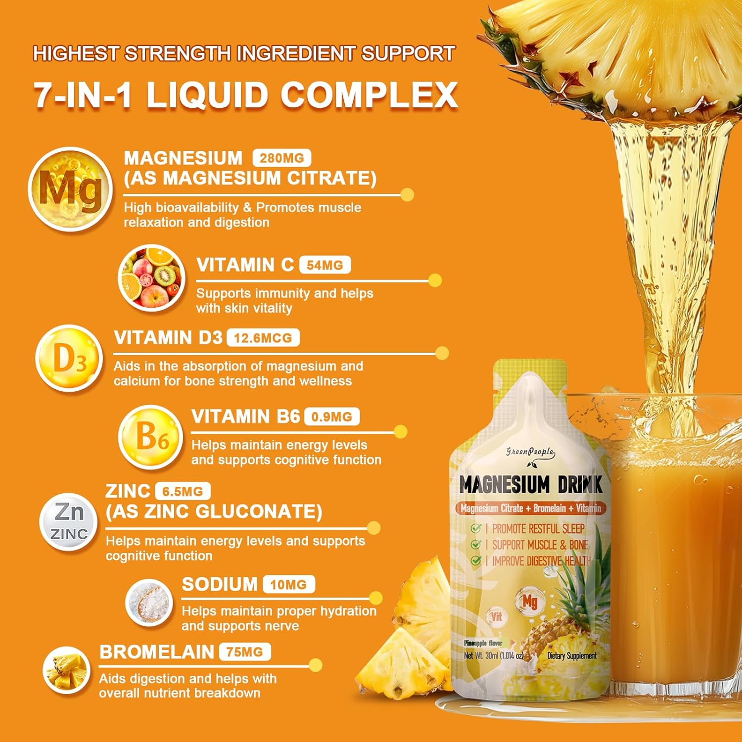 GreenPeople 7-IN-1 Magnesium Citrate Liquid Supplements Drink - 2 Pack, 280mg Magnesium, Zinc, Bromelain, Vitamin C D3 B6, Muscle & Sleep Support for Kids & Adults - 1 fl.Oz (10Pcs)