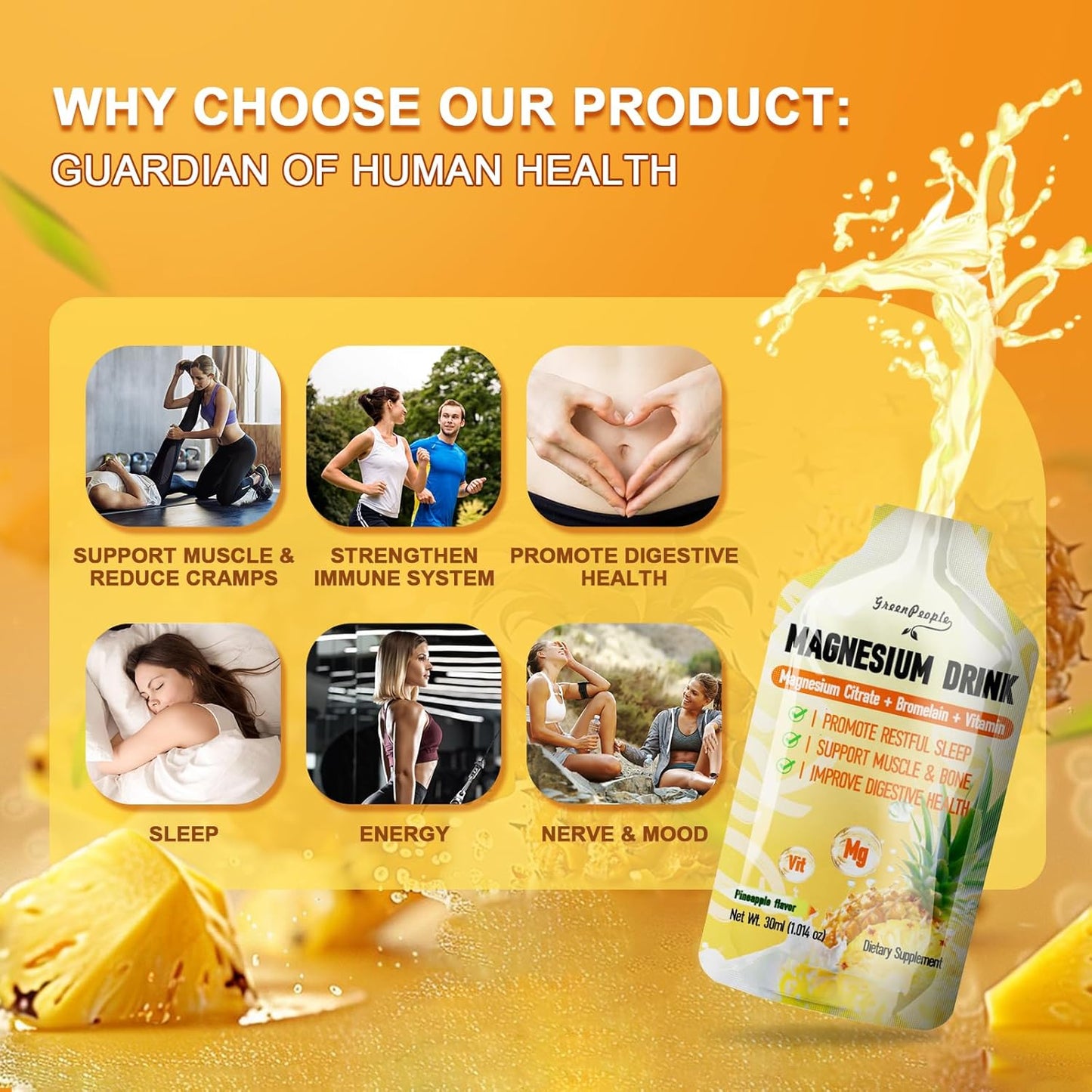 GreenPeople 7-IN-1 Magnesium Citrate Liquid Supplements Drink - 2 Pack, 280mg Magnesium, Zinc, Bromelain, Vitamin C D3 B6, Muscle & Sleep Support for Kids & Adults - 1 fl.Oz (10Pcs)