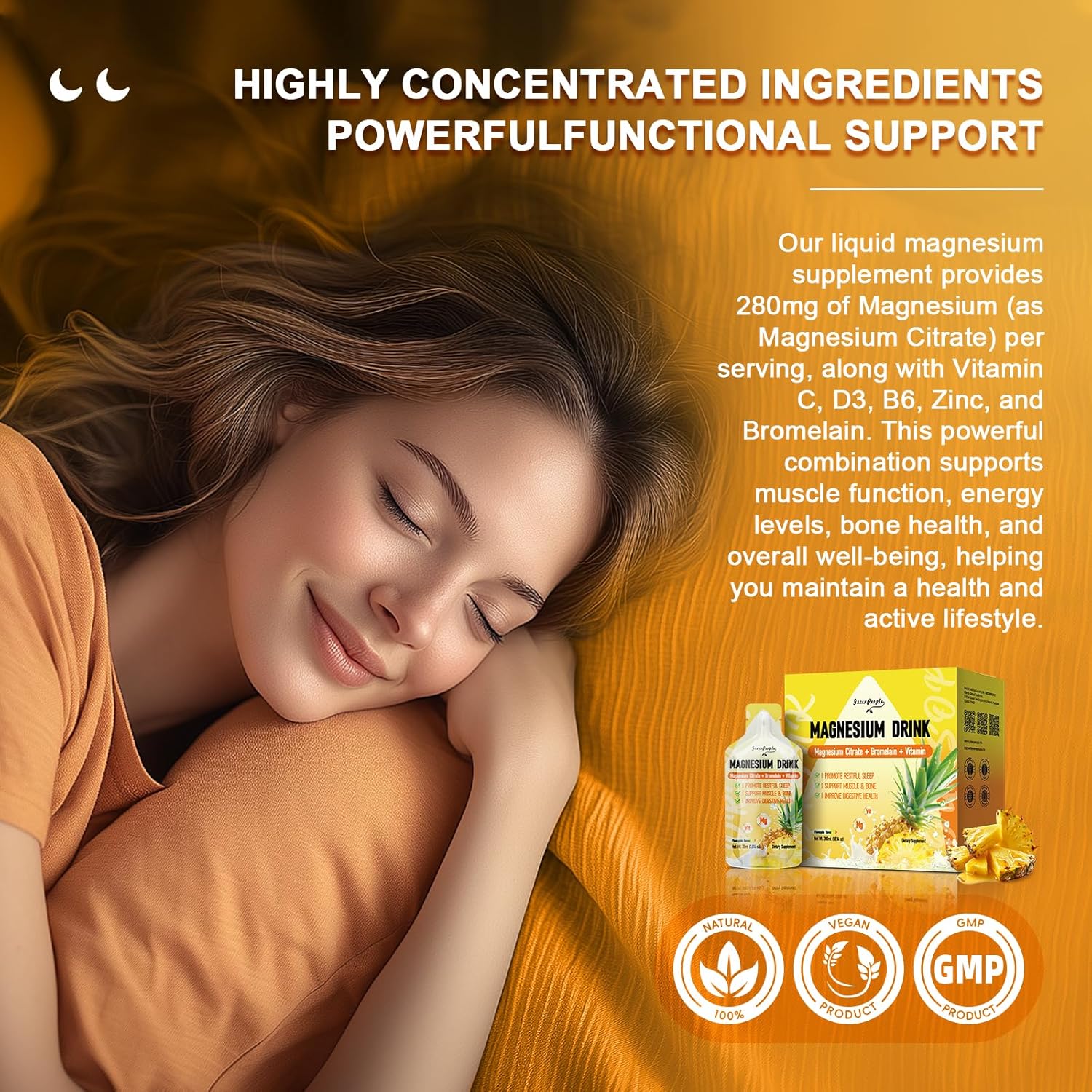 GreenPeople 7-IN-1 Magnesium Citrate Liquid Supplements Drink - 2 Pack, 280mg Magnesium, Zinc, Bromelain, Vitamin C D3 B6, Muscle & Sleep Support for Kids & Adults - 1 fl.Oz (10Pcs)