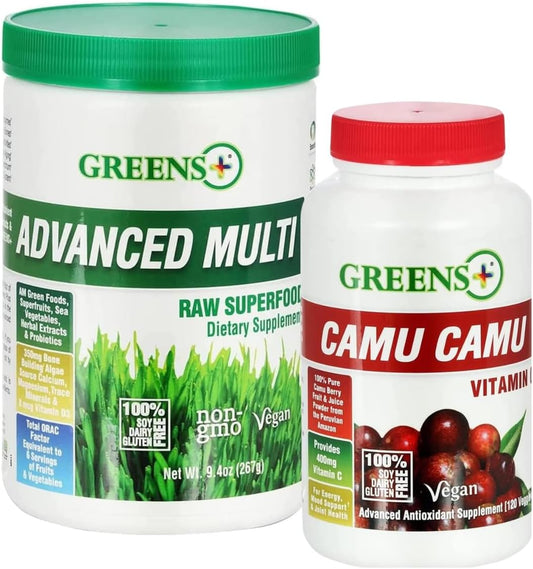 Greens+ Advanced Multi Raw Superfood Powder - Organic Blend with Camu Camu Vitamin C Supplement - Non-GMO, Soy/Dairy/Gluten Free - 120 Veggie Capsules