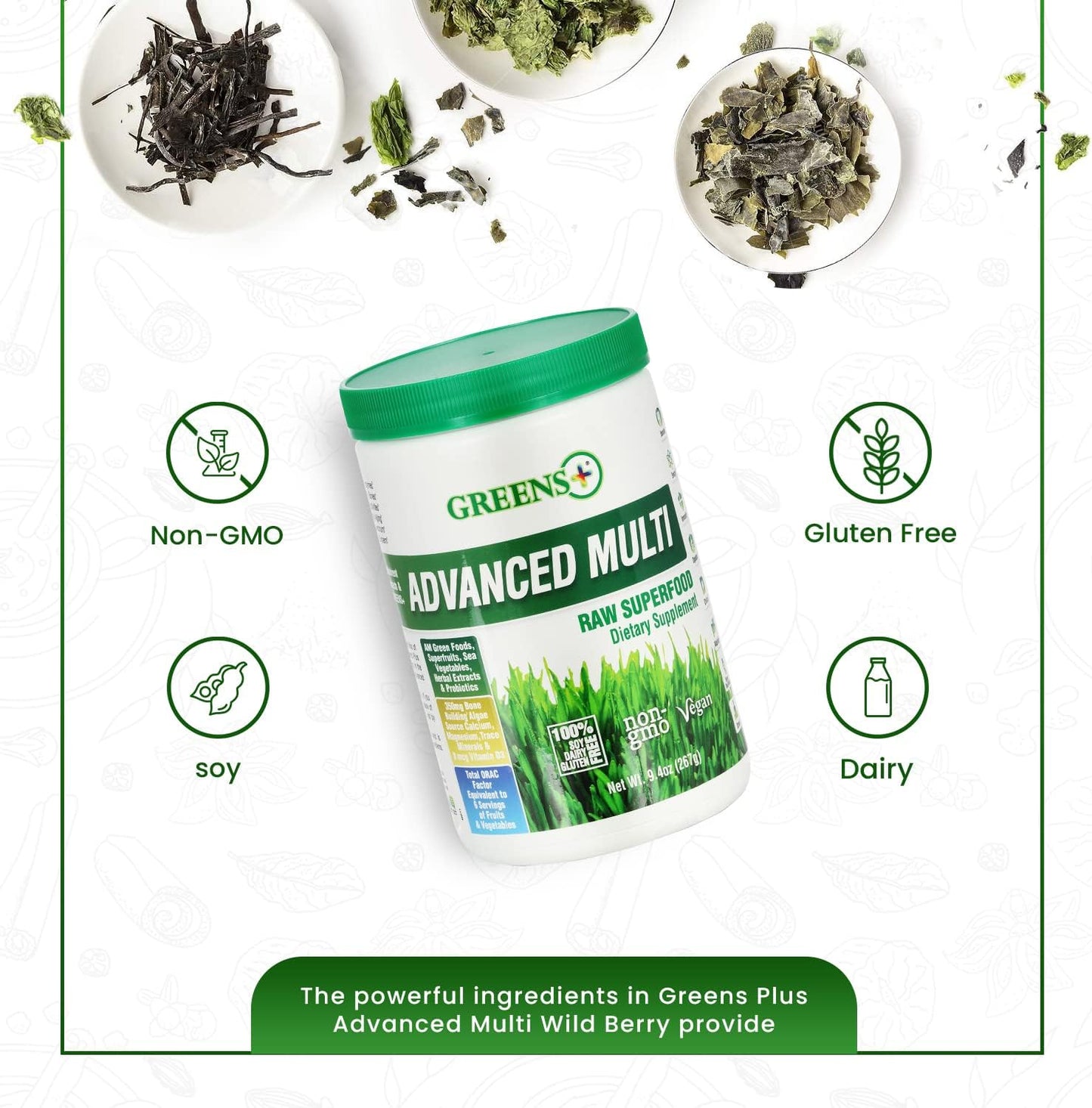 Greens+ Advanced Multi Raw Superfood Powder - Organic Blend with Camu Camu Vitamin C Supplement - Non-GMO, Soy/Dairy/Gluten Free - 120 Veggie Capsules