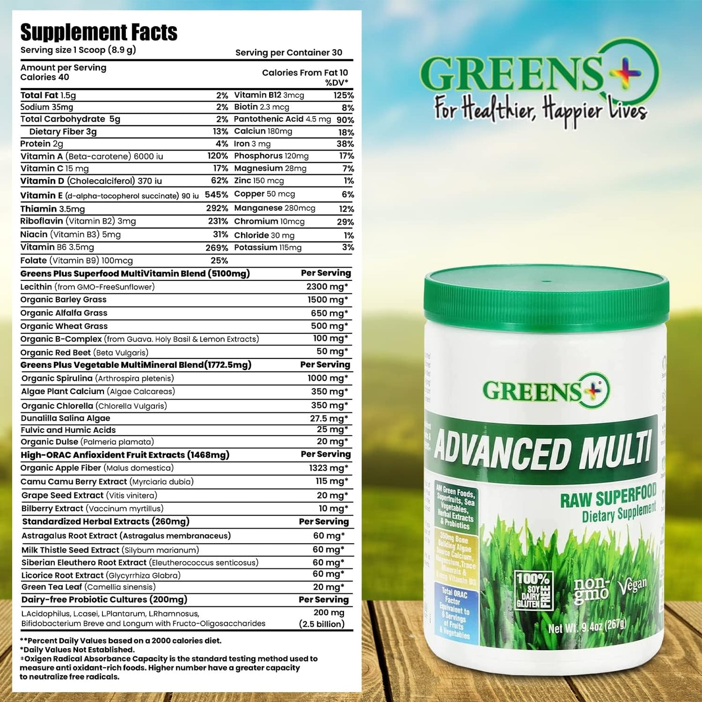 Greens+ Advanced Multi Raw Superfood Powder - Organic Blend with Camu Camu Vitamin C Supplement - Non-GMO, Soy/Dairy/Gluten Free - 120 Veggie Capsules