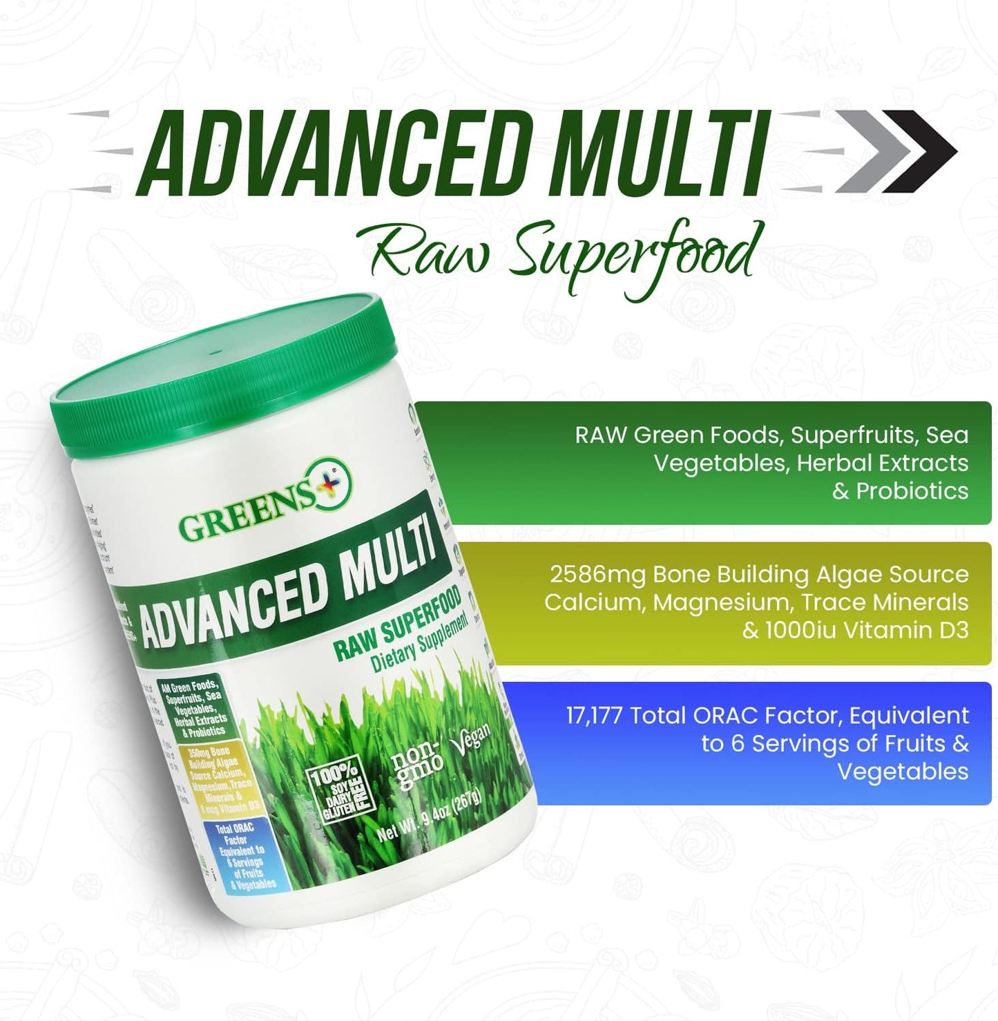 Greens+ Advanced Multi Raw Superfood Powder - Organic Blend with Camu Camu Vitamin C Supplement - Non-GMO, Soy/Dairy/Gluten Free - 120 Veggie Capsules