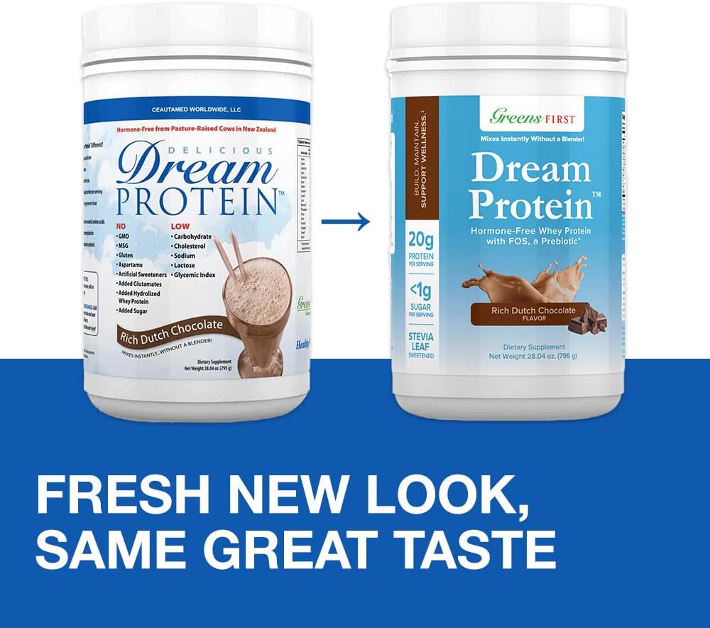Greens First Dream Whey Protein Powder, Rich Dutch Chocolate, 30 Servings - Low Carb, Hormone-Free, Non-GMO - 20g Protein - No Artificial Sweeteners - 28.04 oz