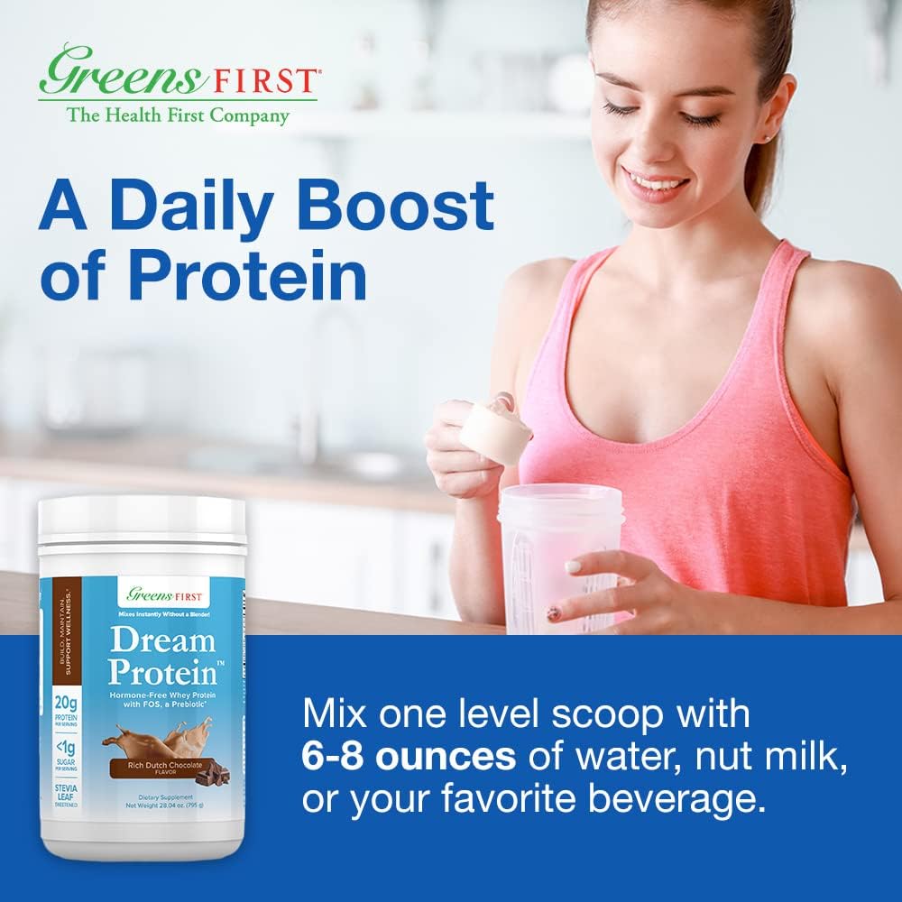 Greens First Dream Whey Protein Powder, Rich Dutch Chocolate, 30 Servings - Low Carb, Hormone-Free, Non-GMO - 20g Protein - No Artificial Sweeteners - 28.04 oz