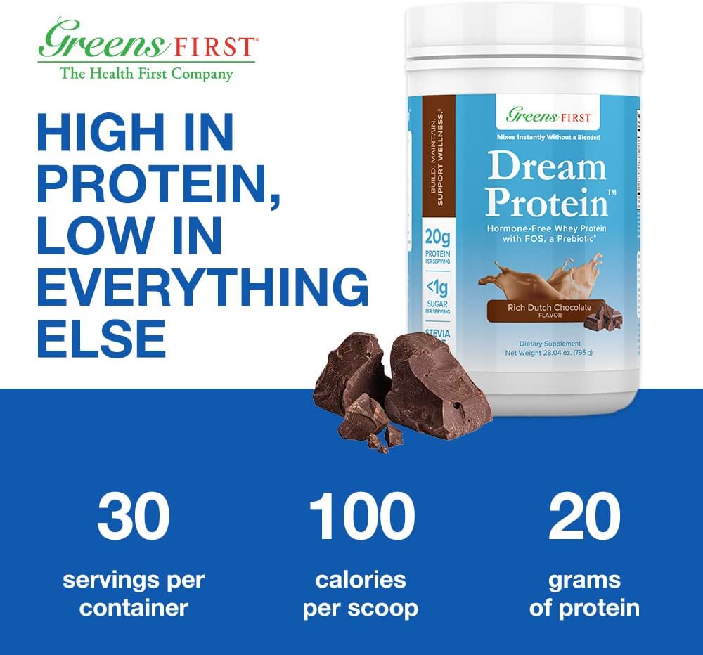 Greens First Dream Whey Protein Powder, Rich Dutch Chocolate, 30 Servings - Low Carb, Hormone-Free, Non-GMO - 20g Protein - No Artificial Sweeteners - 28.04 oz