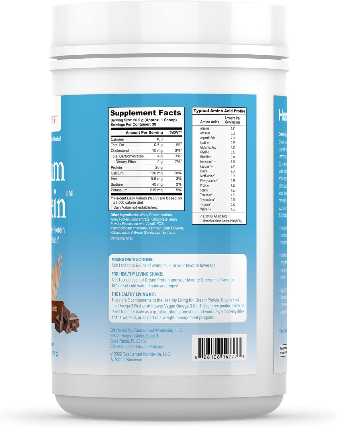 Greens First Dream Whey Protein Powder, Rich Dutch Chocolate, 30 Servings - Low Carb, Hormone-Free, Non-GMO - 20g Protein - No Artificial Sweeteners - 28.04 oz