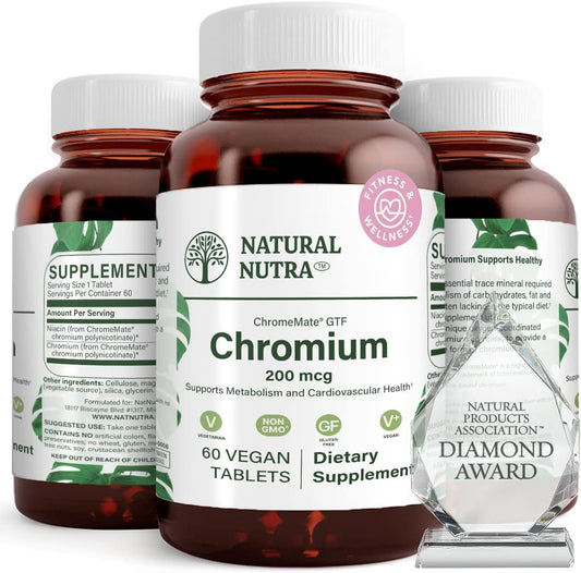 GTF Chromium Polynicotinate with ChromeMate, 200 mcg, 60 Vegan Tablets for Metabolism & Cardiovascular Health