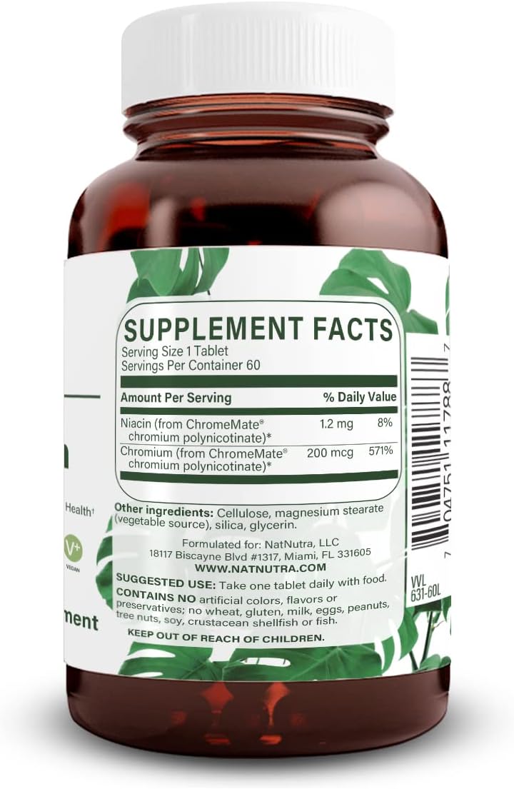 GTF Chromium Polynicotinate with ChromeMate, 200 mcg, 60 Vegan Tablets for Metabolism & Cardiovascular Health
