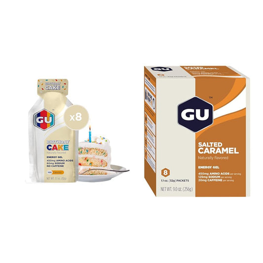 GU Energy Original Sports Nutrition Energy Gel, Birthday Cake and Salted Caramel Flavors, 8-Count Each