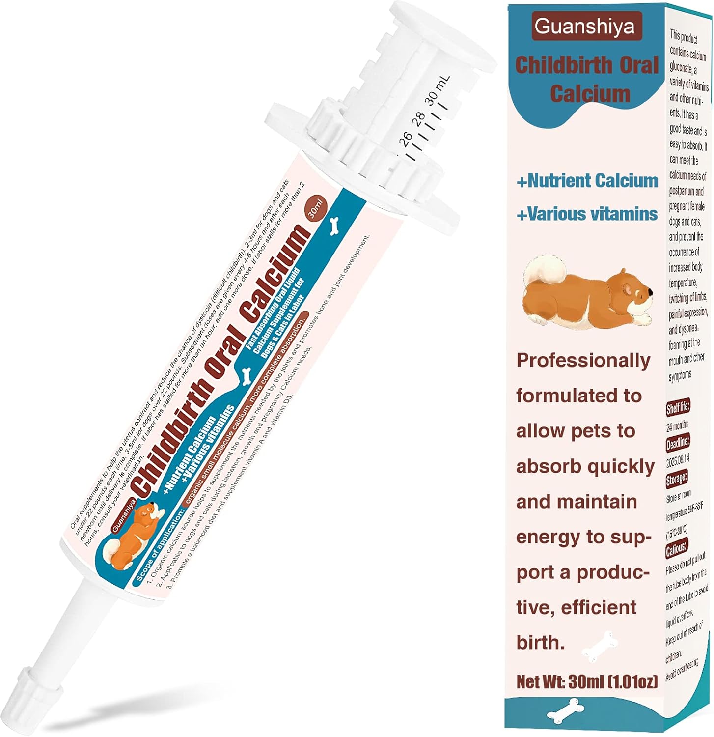 Guanshiya Oral Calcium Supplement for Dogs & Cats in Labor - Whelping, Nursing, Calcium Deficiency - Fast Absorption - Supports Energy & Delivery - 30 ml Liquid