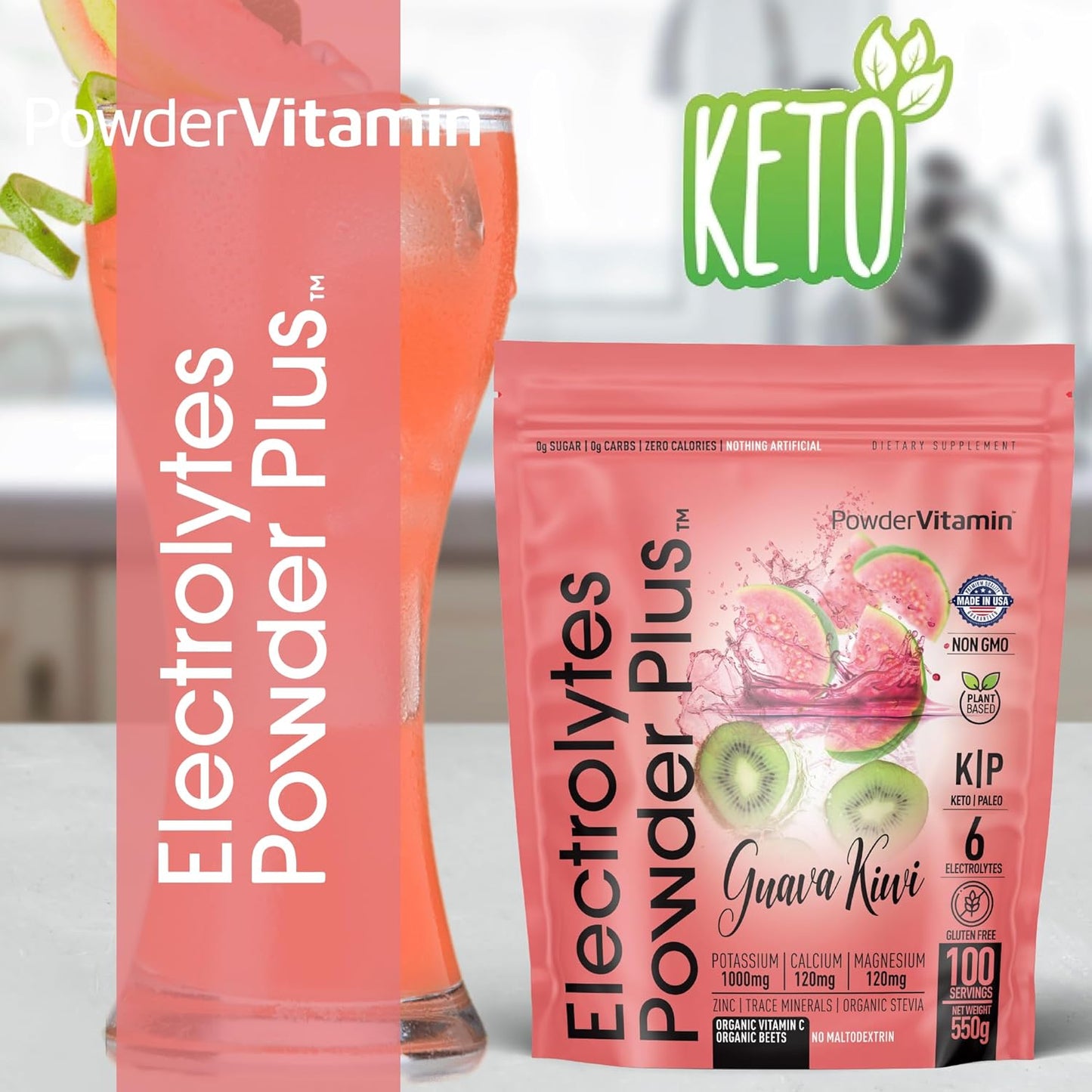 Guava Kiwi Electrolyte Powder - 100 Servings, Zero Calorie, Keto-Friendly with Potassium, Calcium, and Magnesium for Hydration
