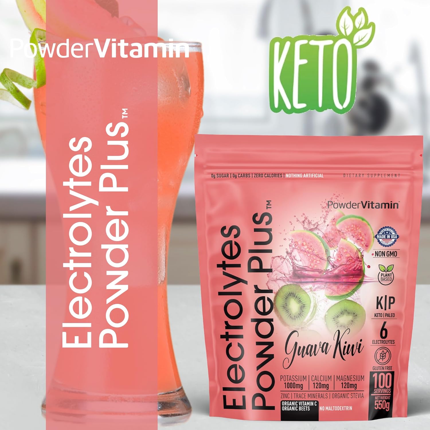 Guava Kiwi Electrolyte Powder - 100 Servings, Zero Calorie, Keto-Friendly with Potassium, Calcium, and Magnesium for Hydration