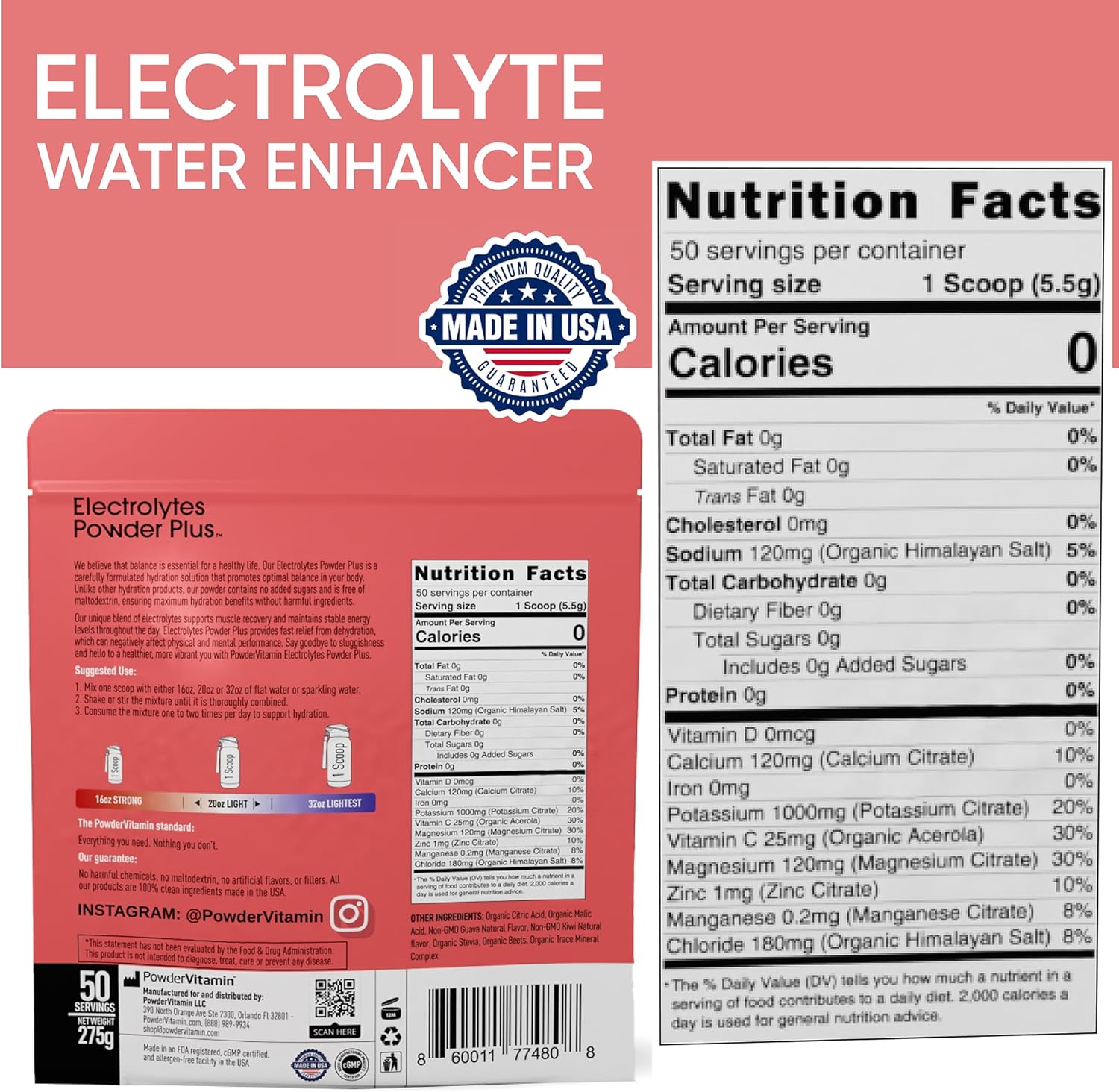 Guava Kiwi Electrolyte Powder with 50 Servings, Zero Calorie Keto Formula - 1000mg Potassium, 120mg Calcium, 120mg Magnesium for Hydration