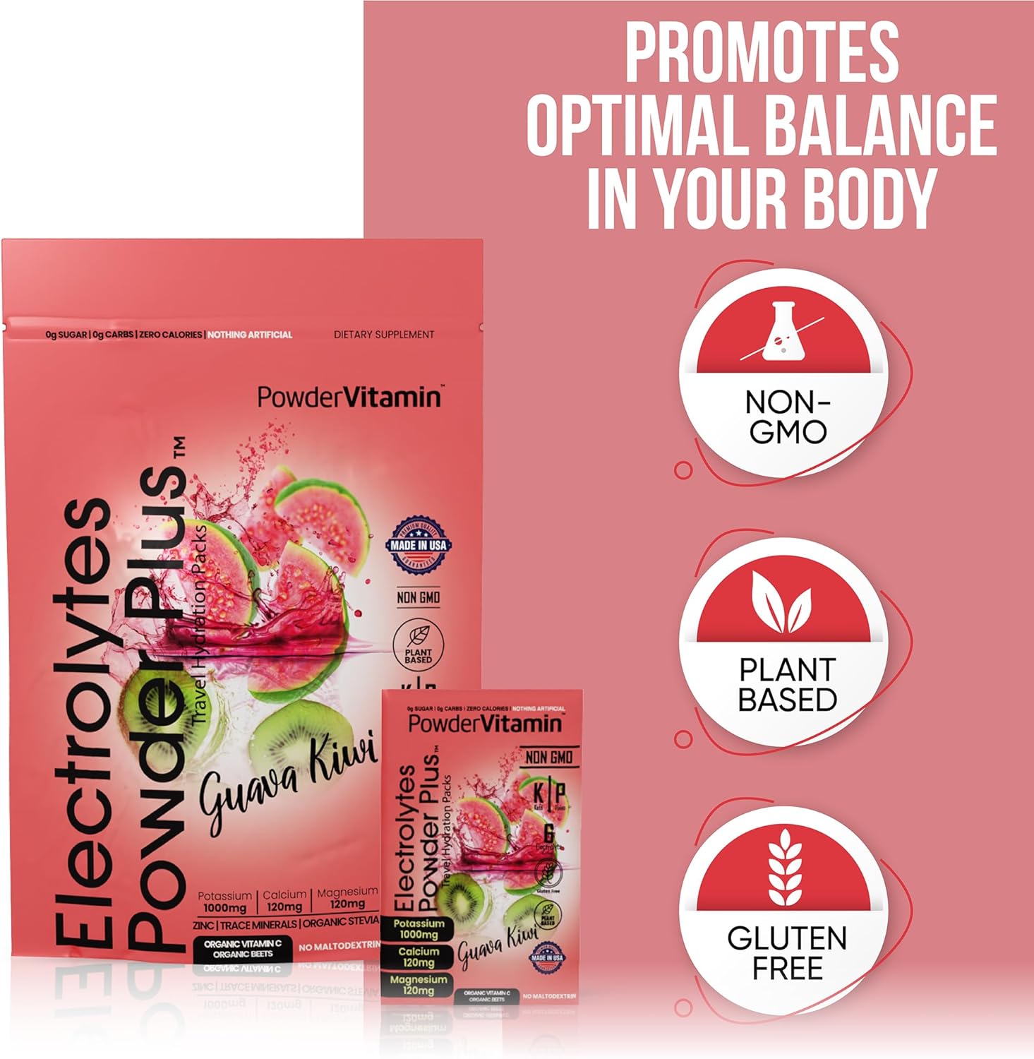 Guava Kiwi Electrolyte Powder with Potassium, Calcium, Magnesium - Keto Friendly, Non-GMO, Zero Calories - 30 Packets