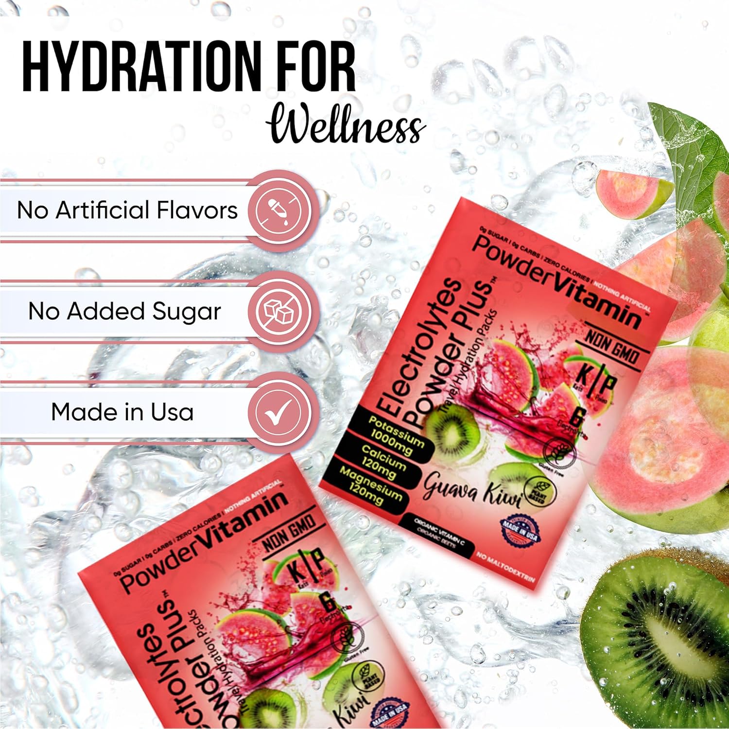 Guava Kiwi Electrolyte Powder with Potassium, Calcium, Magnesium - Keto Friendly, Non-GMO, Zero Calories - 30 Packets