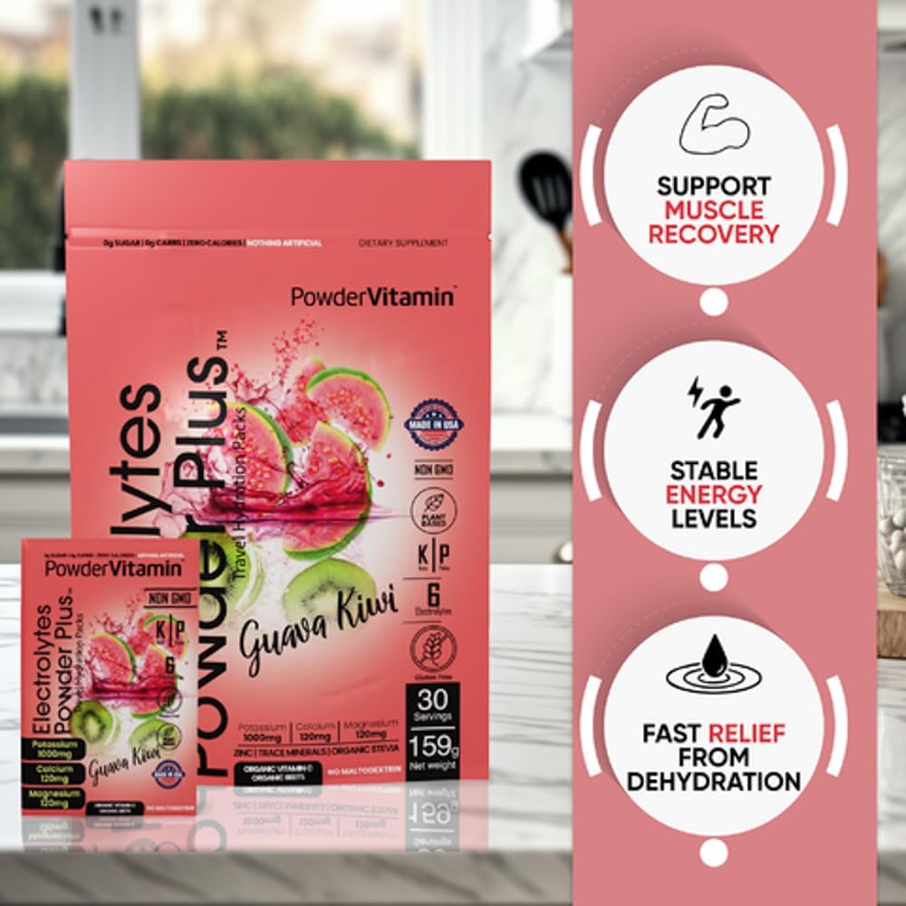 Guava Kiwi Electrolyte Powder with Potassium, Calcium, Magnesium - Keto Friendly, Non-GMO, Zero Calories - 30 Packets