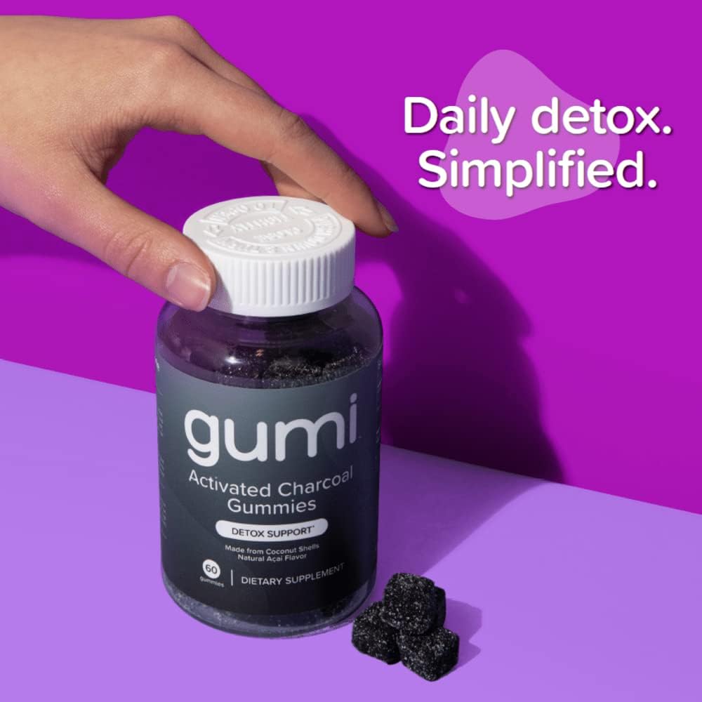 gumi Nutrition Coconut Activated Charcoal Gummies - 200mg Gummy Vitamin for Detox, Oral & Gut Health - Gluten Free, Vegan, Non GMO - Natural Açaí Flavor - 60 Count
