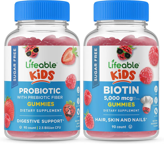 Gummy Bundle: Sugar Free Probiotic + Prebiotic Fiber Kids + Biotin Kids - Vitamin Supplement with Great Taste, Gluten-Free & GMO-Free