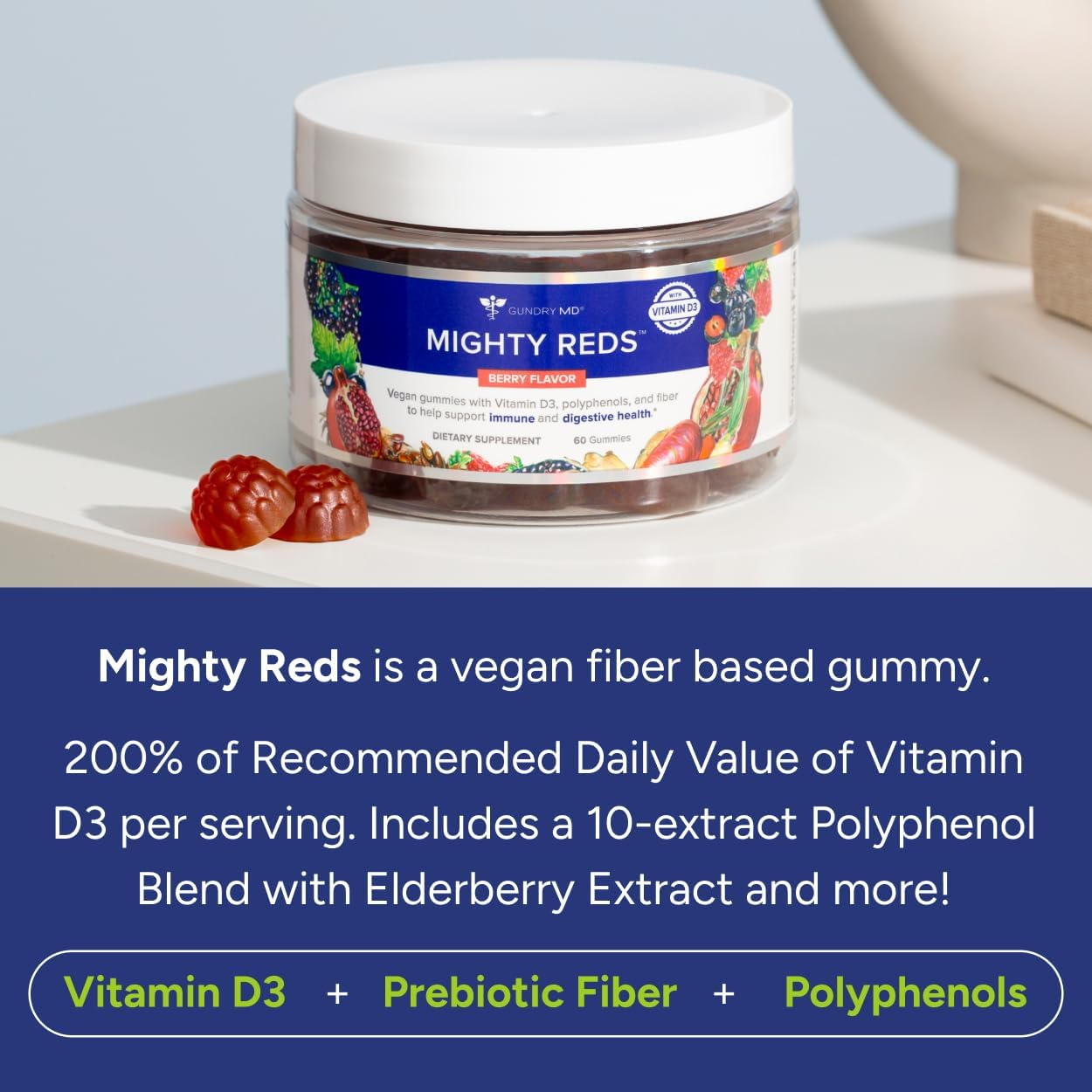 Gundry MD Mighty Reds Gummies - Gluten and Soy Free Multivitamin Chews with Polyphenols, Antioxidants, Prebiotic Fiber, Vitamin D - 30 Servings
