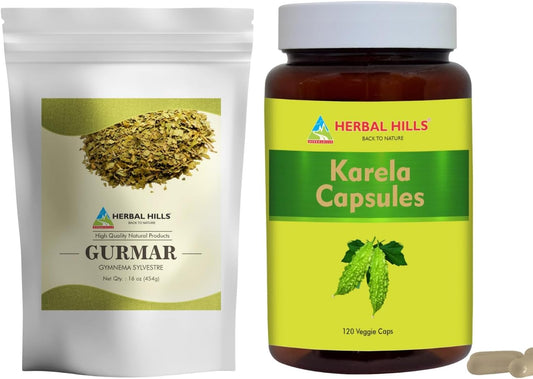Gurmar Tea Powder and Karela Capsules Combo Pack by HERBAL HILLS - Set of 2