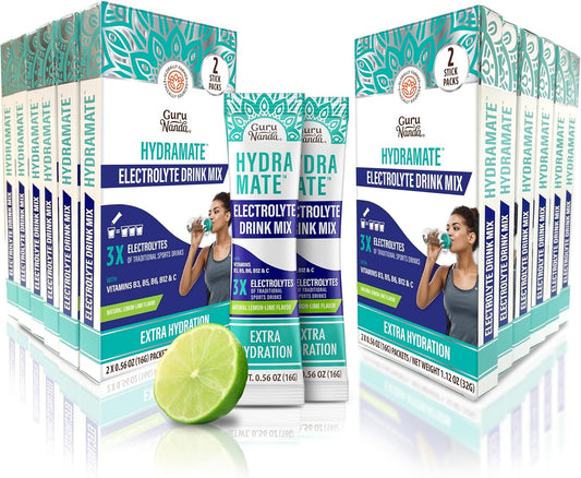 GuruNanda Hydramate Hydration Support Electrolyte Powder Packets - Natural Lemon Lime Flavor, 24 Count for Dehydration, Exercise, and Energy Boost - Non-GMO Formula with No Added Sweeteners