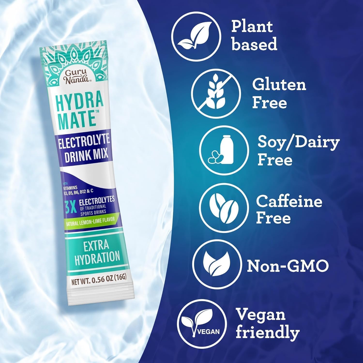 GuruNanda Hydramate Hydration Support Electrolyte Powder Packets - Natural Lemon Lime Flavor, 24 Count for Dehydration, Exercise, and Energy Boost - Non-GMO Formula with No Added Sweeteners