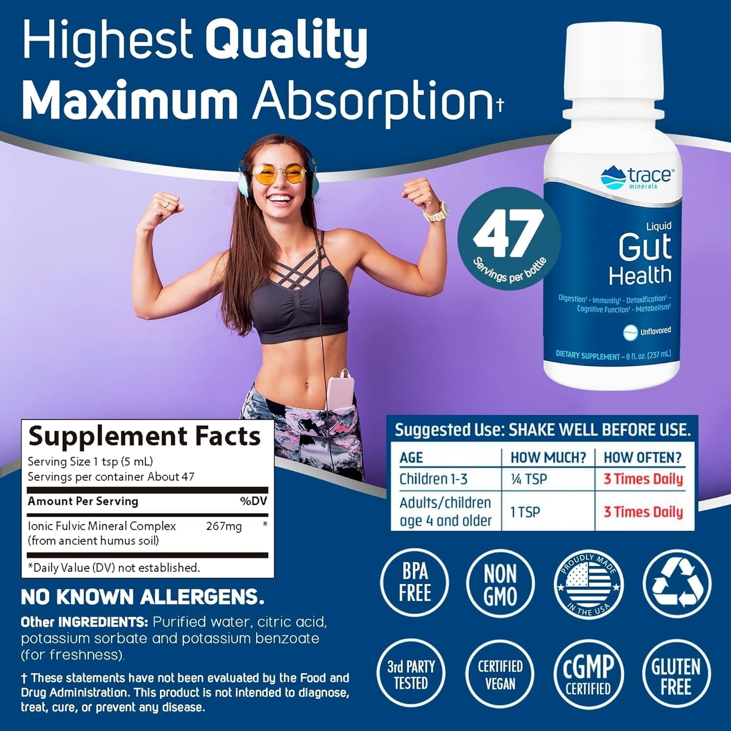 Gut Health Support Supplement with Trace Minerals, Humic & Fulvic Acid - Promotes Healthy Digestion & Immune System Function - Unflavored Liquid Formula, 8 fl oz Bottle