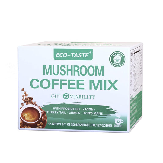 Gut-Healthy Mushroom Coffee Mix with Chaga, Lion's Mane, Turkey Tail, Yacon, Probiotics - 12 Sachets