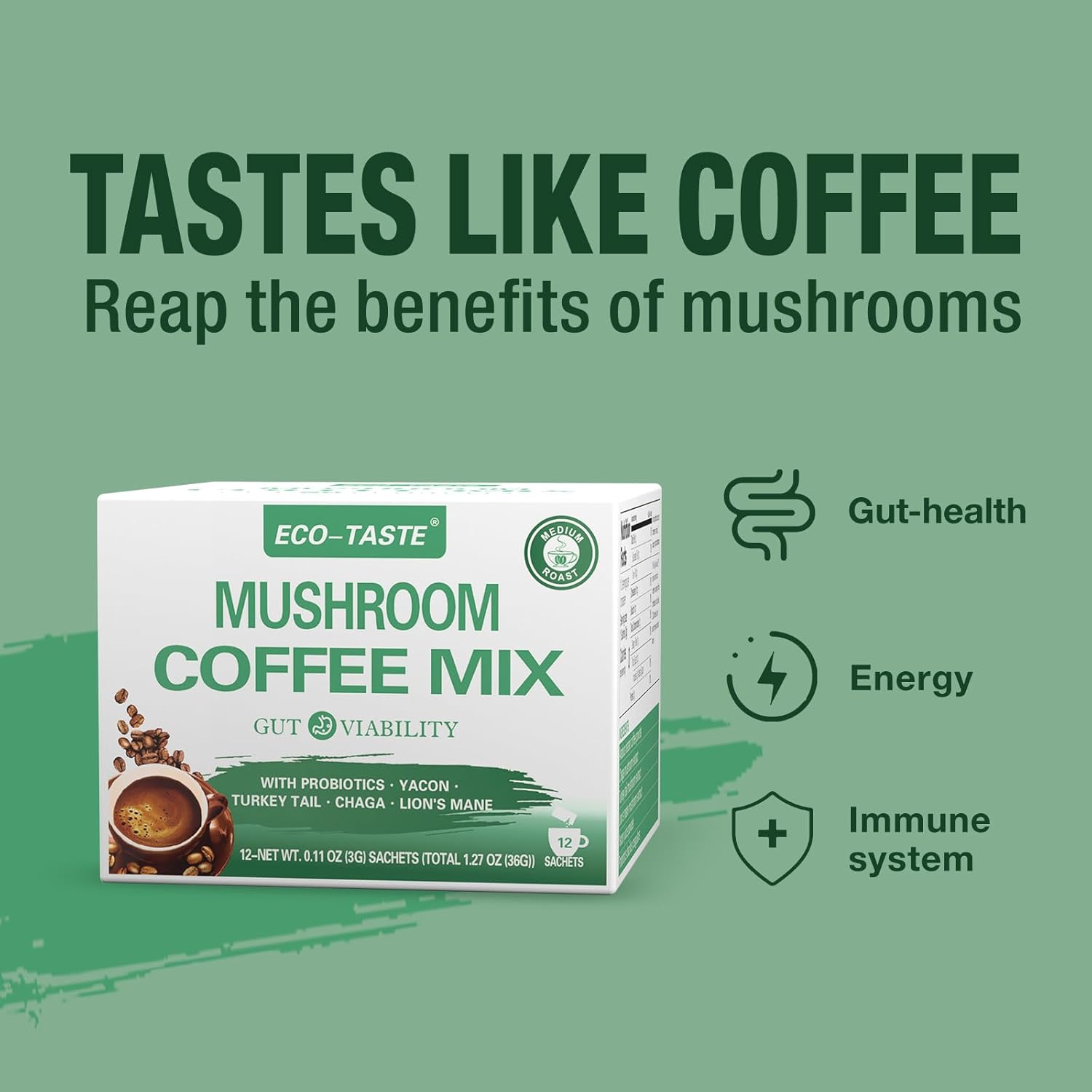 Gut-Healthy Mushroom Coffee Mix with Chaga, Lion's Mane, Turkey Tail, Yacon, Probiotics - 12 Sachets
