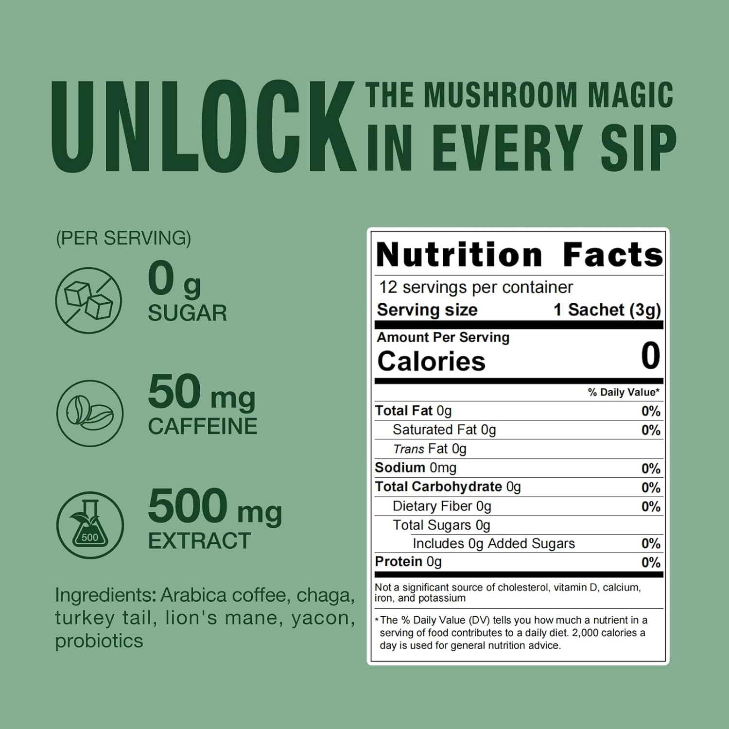 Gut-Healthy Mushroom Coffee Mix with Chaga, Lion's Mane, Turkey Tail, Yacon, Probiotics - 12 Sachets