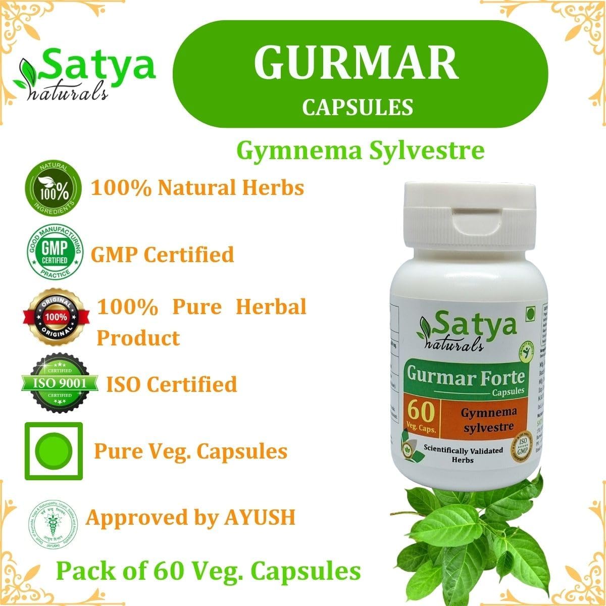 Gymnema Sylvestre Extract Capsules 500mg | Ayurvedic Herbal Supplement for Men and Women | Satya Naturals Gurmar Forte (60 Veg Capsules)
