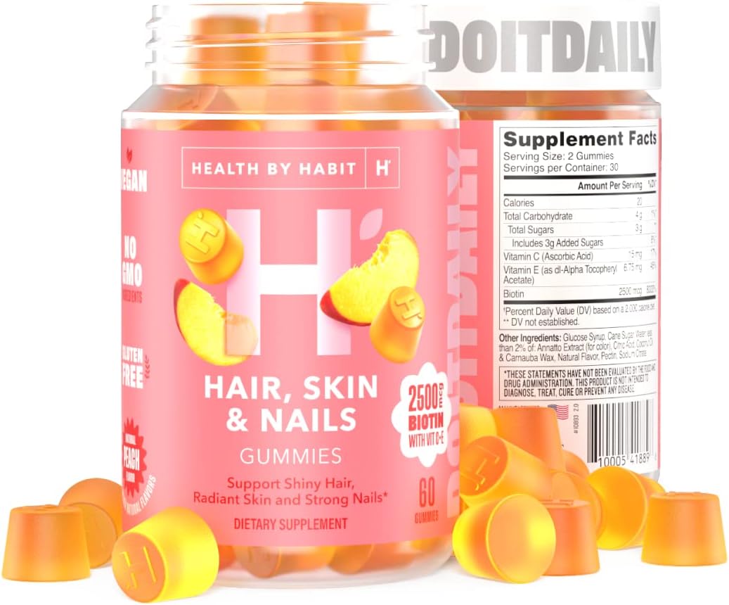 Habit Hair, Skin, and Nails Gummies - 60 Count Peach Flavored Supplement with 2500mcg Biotin, Vitamin C, & E - Vegan & Gluten-Free