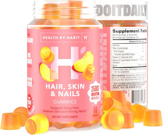 Habit Hair, Skin, and Nails Gummies - 60 Count Peach Flavored Supplement with 2500mcg Biotin, Vitamin C, & E - Vegan & Gluten-Free