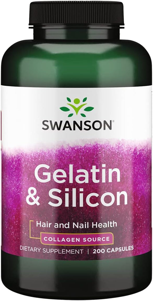 Hair and Nail Support Supplement with Gelatin & Silicon - Promotes Strong Nails & Thick Hair - Contains 20mg Silicon & 1.08g Gelatin - 200 Capsules
