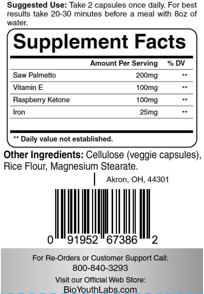 Hair Growth Vitamins Supplement for Thicker Hair - 60 Capsules with Vitamin E, Raspberry Ketone, Iron, Saw Palmetto - Reduce Hair Loss for Women & Men - BioYouth Labs