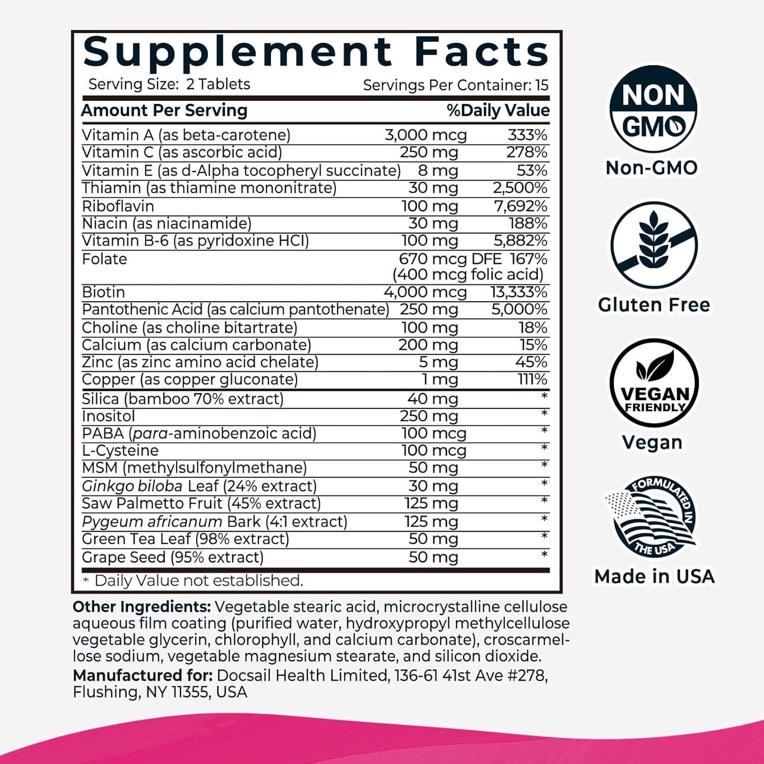 Hair Growth Vitamins with Biotin - Skin, Nail, Hair Supplement - 30 Tablets - USA Made