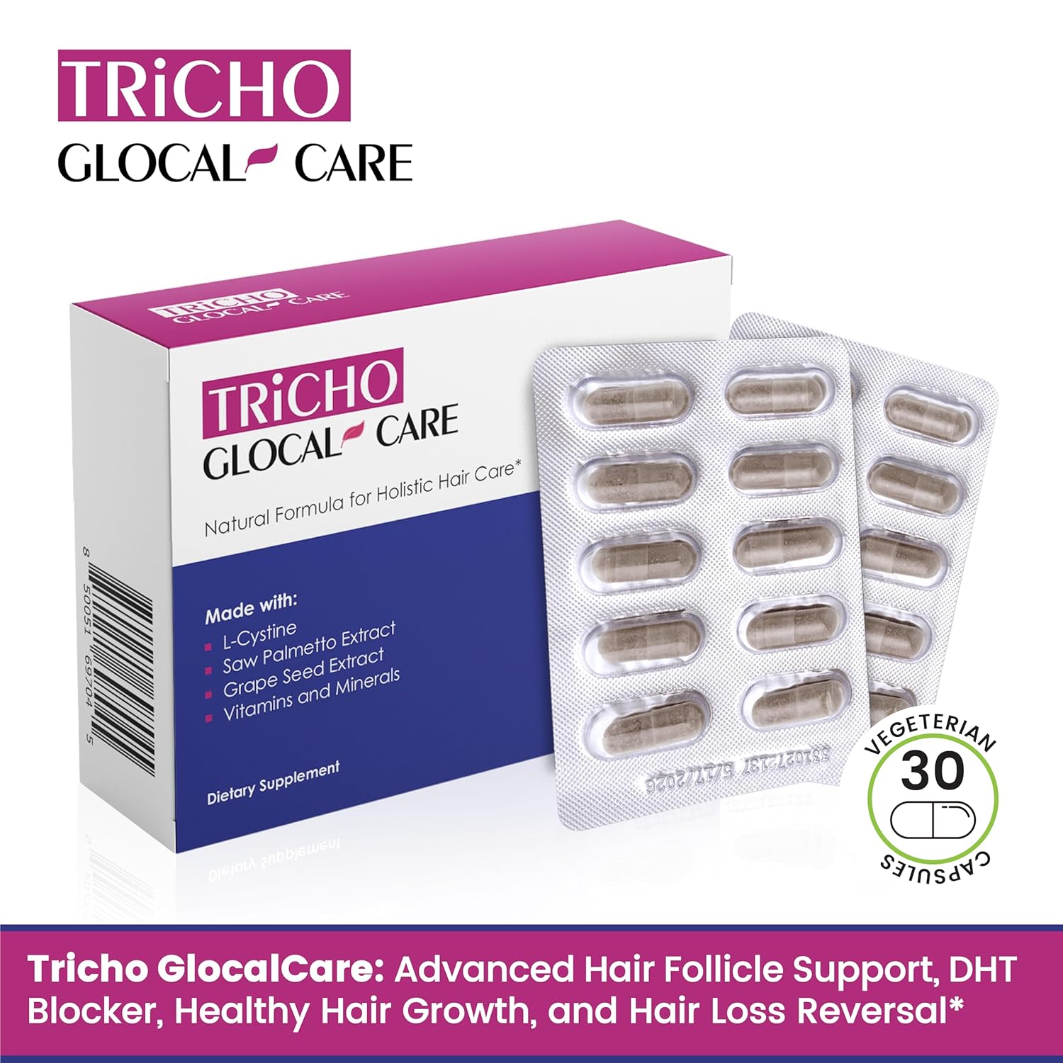 Hair Loss Prevention Treatment with Saw Palmetto, Grape Seed Extract, L-Cystine, Biotin, Folate - GlocalCare Tricho Formula