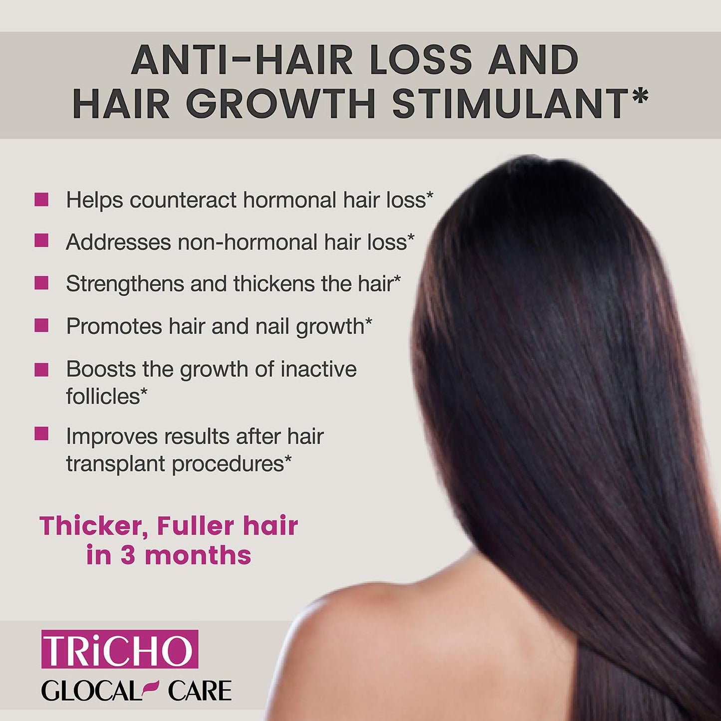 Hair Loss Prevention Treatment with Saw Palmetto, Grape Seed Extract, L-Cystine, Biotin, Folate - GlocalCare Tricho Formula